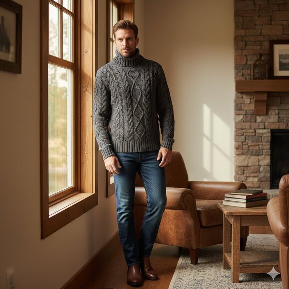 Chunky Charcoal Cable Knit Turtleneck Sweater | Men's M Fisherman Knit - Picture 1 of 7